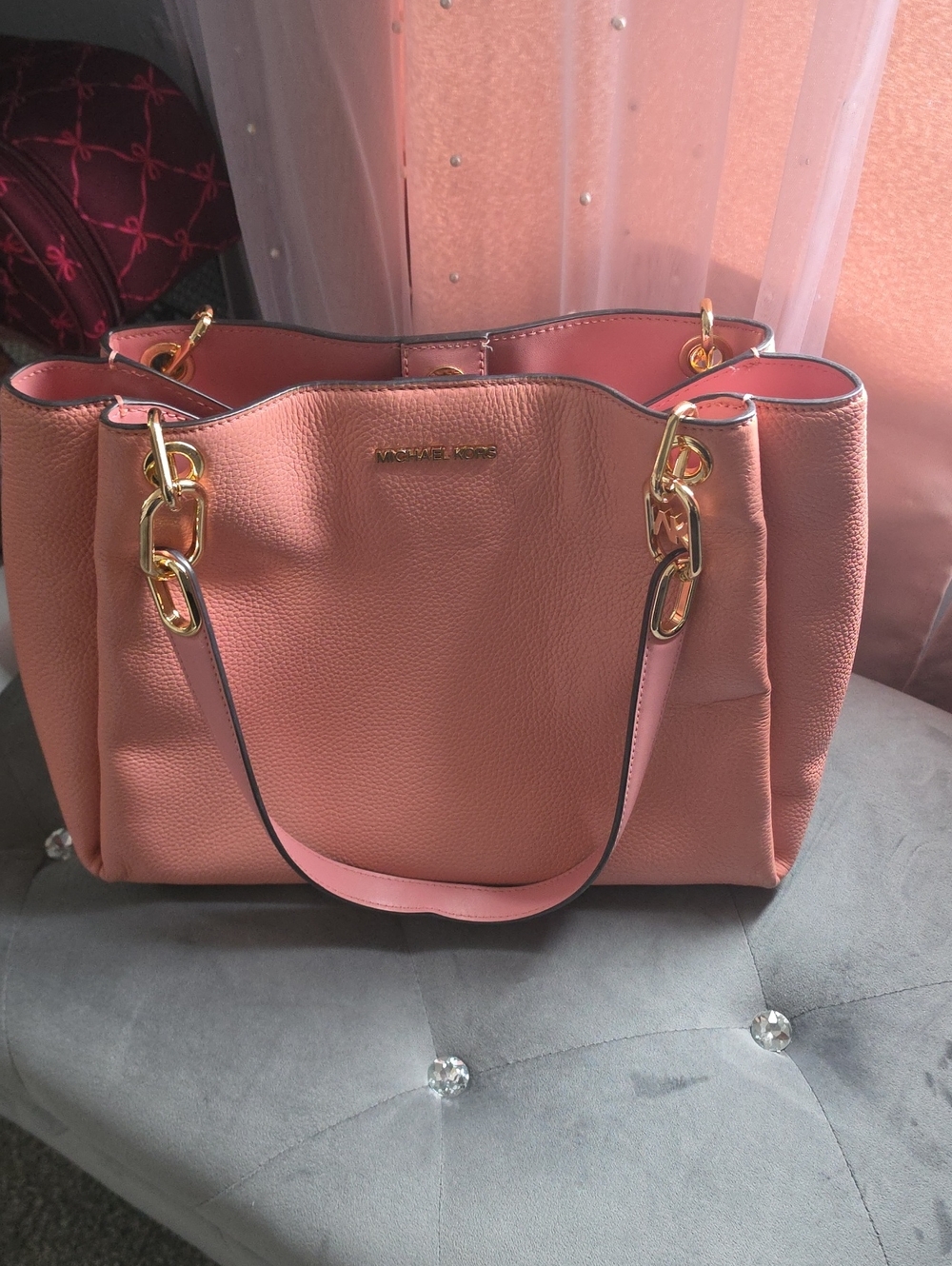 Michael Kors Coral Pink Leather Tote with Gold Hardware